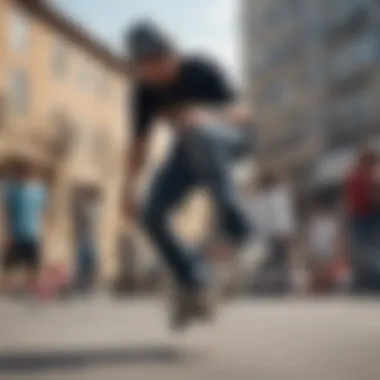 A group of enthusiasts discussing techniques related to micro skateboarding.