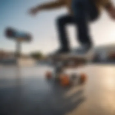 A rider performing tricks on a micro skateboard at a skate park.