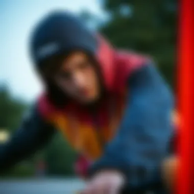 Skateboarder in Action with Zumiez Windbreaker Skateboarder wearing a Zumiez windbreaker in action