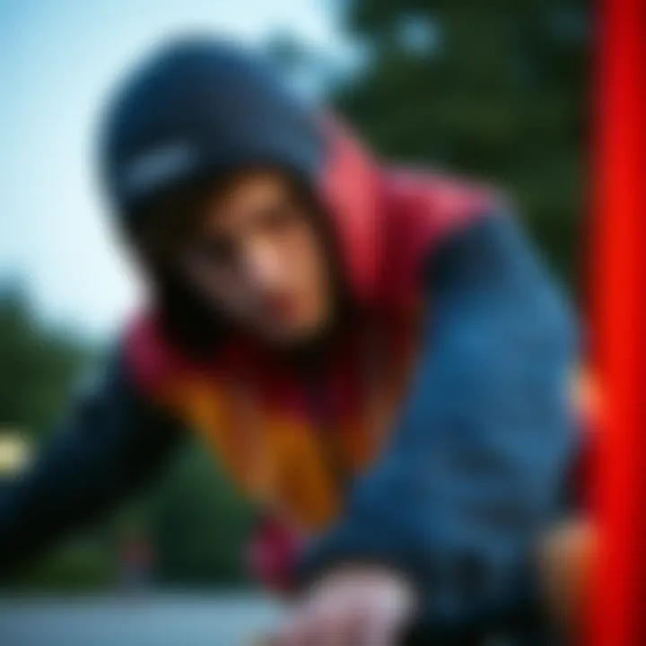 Skateboarder in Action with Zumiez Windbreaker Skateboarder wearing a Zumiez windbreaker in action