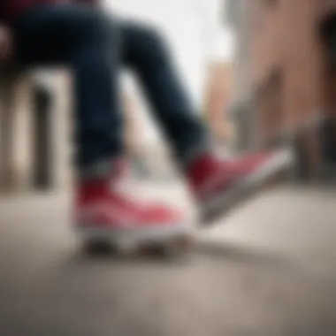 A skateboarder wearing Thrasher Vans high tops in action