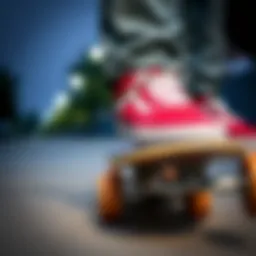 Classic red and white Old Skool Vans on a skateboard