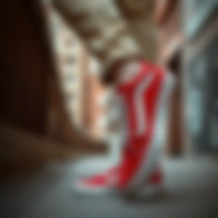Stylish Individual Wearing Red and White Old Skool Vans in Urban Setting Stylish individual wearing red and white Old Skool Vans in urban setting