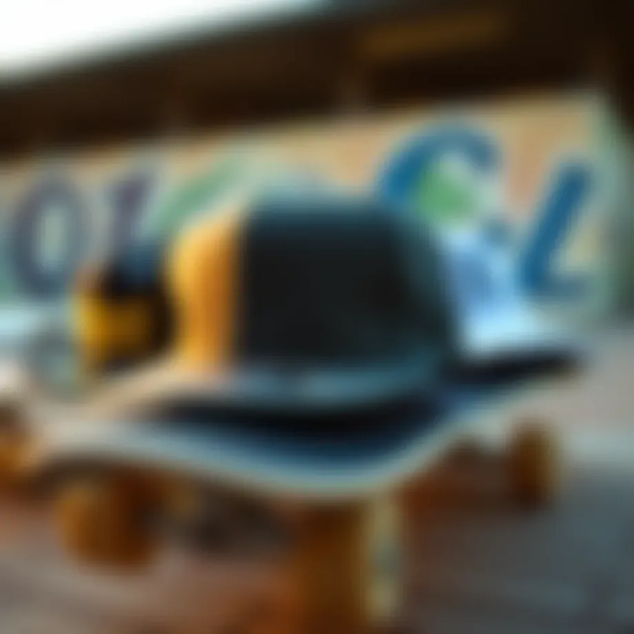 Stylish dad hats displayed on a skateboard