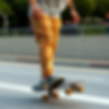 Skateboarding in Style with Volcom Khakis Skateboarder wearing Volcom khakis during a ride