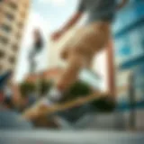 Volcom khakis showcased in an urban skateboarding environment