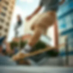 Volcom khakis showcased in an urban skateboarding environment