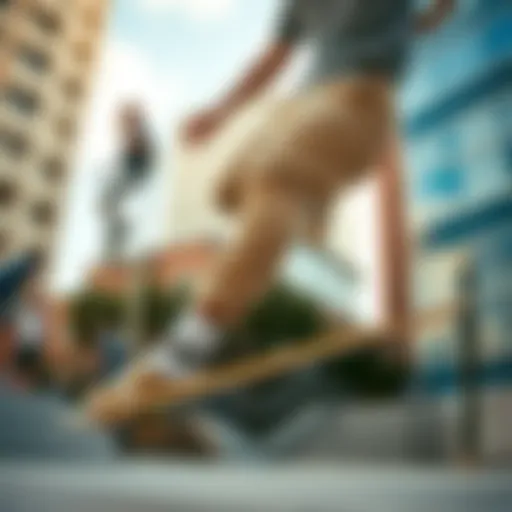 Volcom khakis showcased in an urban skateboarding environment