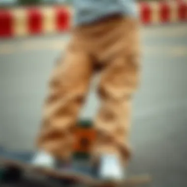 Diverse Styles of Volcom Khakis Various styles of Volcom khakis displayed on a skateboard