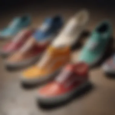 An artistic arrangement of various Vans shoe models highlighting color and material diversity.