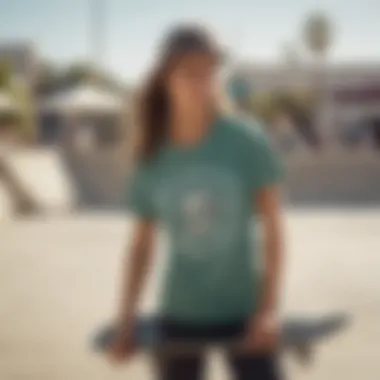 Female skateboarder wearing a Zumiez shirt while skating