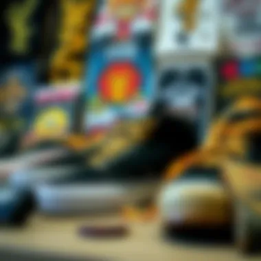 Fallen Jamie Thomas Shoes and Skateboarding Culture Fallen Jamie Thomas shoes displayed alongside skateboarding culture memorabilia