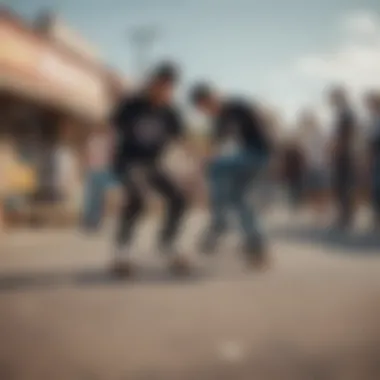 A group of skaters interacting and enjoying the community vibe