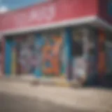 A vibrant exterior of a local skateshop with colorful graffiti art