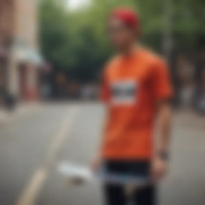 A vibrant road shirt displayed against a skateboard backdrop