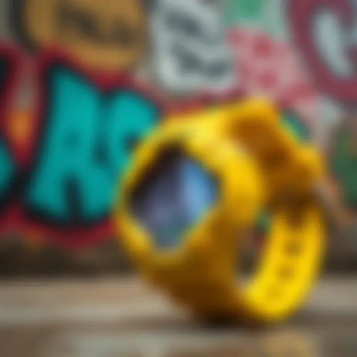 Cultural Significance of G Shock Yellow G Shock Yellow watch against a backdrop of graffiti art, highlighting its cultural significance
