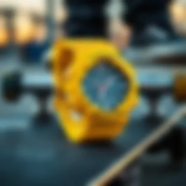 G Shock Yellow and Skate Culture G Shock Yellow watch displayed on a skateboard, symbolizing its connection to skate culture