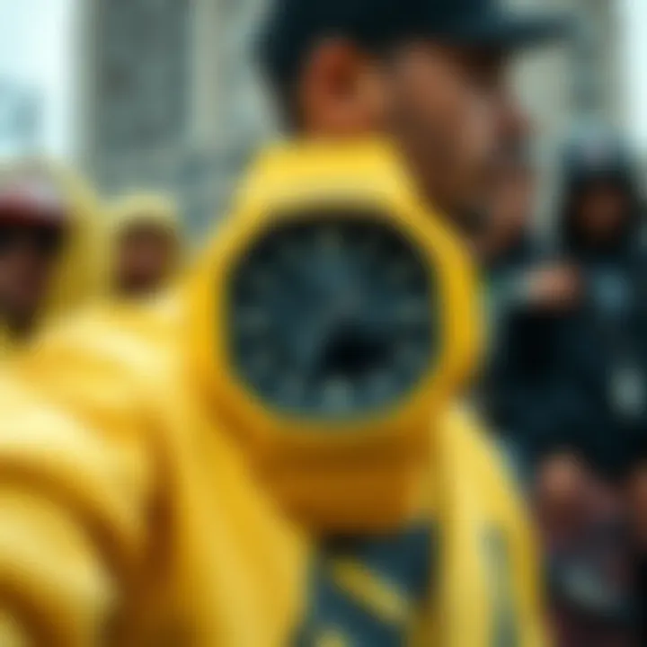 G Shock Yellow in Urban Lifestyle A group of skateboarders wearing the G Shock Yellow, illustrating its popularity in urban lifestyle