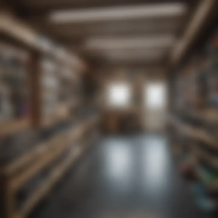 Interior view of a garage skateshop filled with skateboards and gear