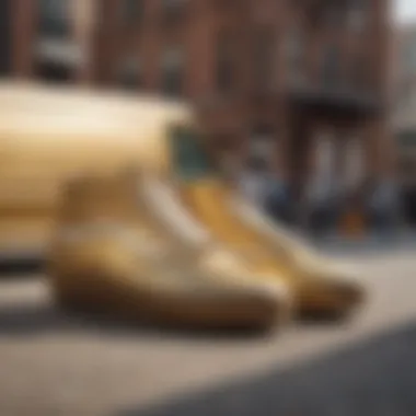 Skateboarder in motion wearing gold Vans, emphasizing style and movement.