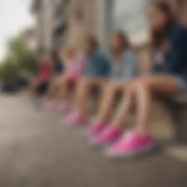 A vibrant group of skaters, showcasing their individual styles with hot pink slip-on Vans.