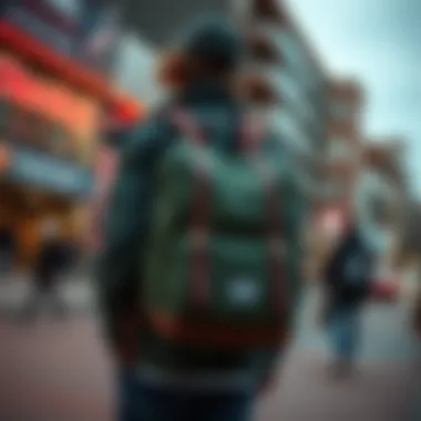 Urban Skateboarding Scene with Herschel Backpack Herschel Backpack Little America Mid Volume in an urban skateboarding environment