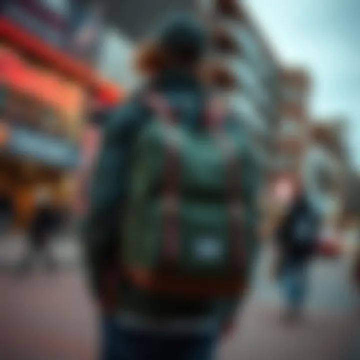 Urban Skateboarding Scene with Herschel Backpack Herschel Backpack Little America Mid Volume in an urban skateboarding environment