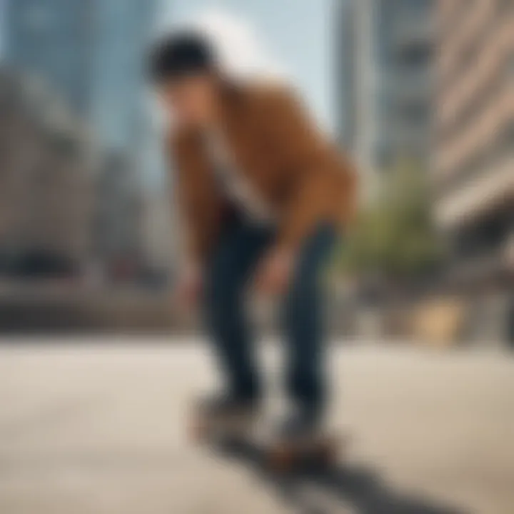 Skateboarder wearing high rise Dickies in an urban environment