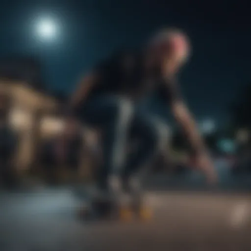 Skateboarder showcasing glow in the dark bandana during night skate