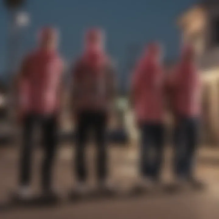 Group of skateboarders wearing glow in the dark bandanas at dusk