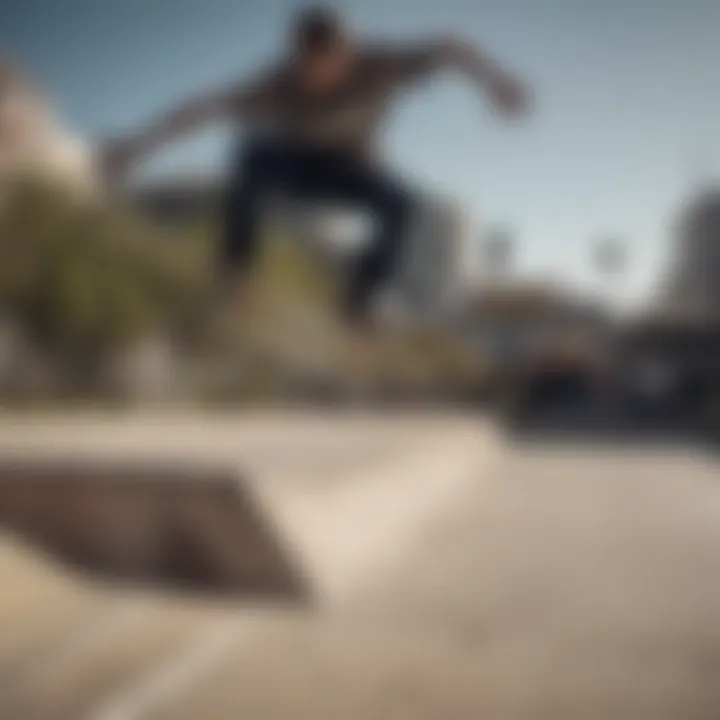 A skateboarder executing a trick on a Krooked deck in an urban setting