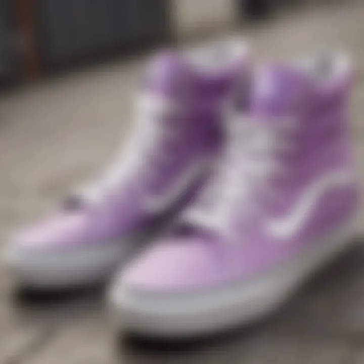 Close-up of lilac high top Vans showcasing design details