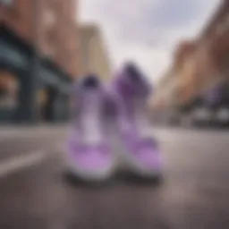 Stylish lilac high top Vans on a vibrant urban background