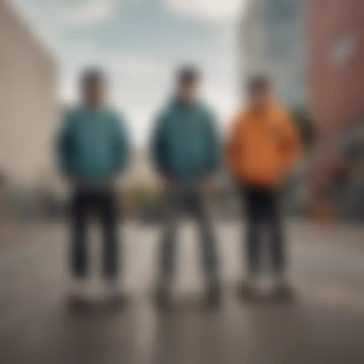 A group of skateboarders wearing LRG jackets in an urban skate park.