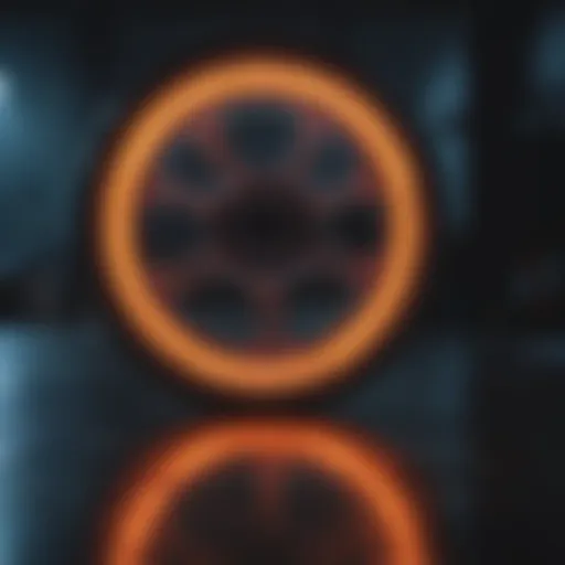 Close-up of luminous skate wheels glowing in the dark