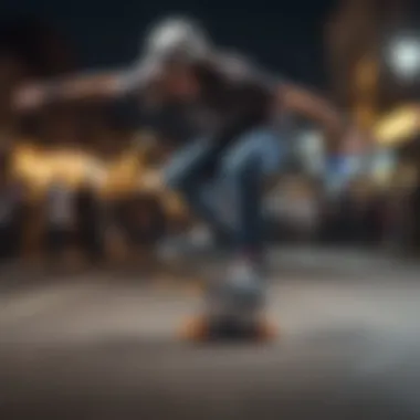 A skater performing tricks at night with luminous skates