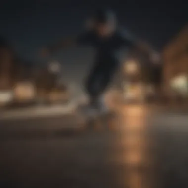 A skateboarder performing tricks at night with luminous skates illuminating the scene.