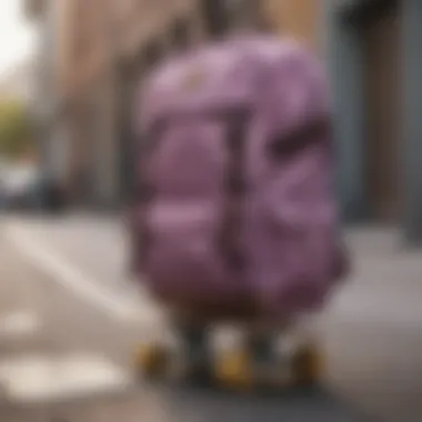 A mauve backpack resting on a skateboard in an urban setting