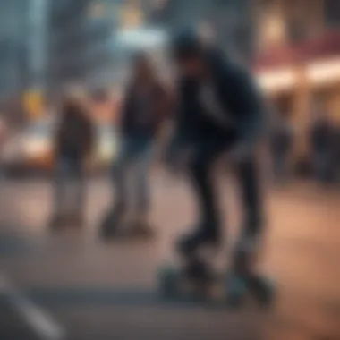 A group of individuals enjoying a ride on motorized skates in an urban environment.