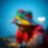Vibrant multi-coloured bucket hat worn by a skateboarder in action