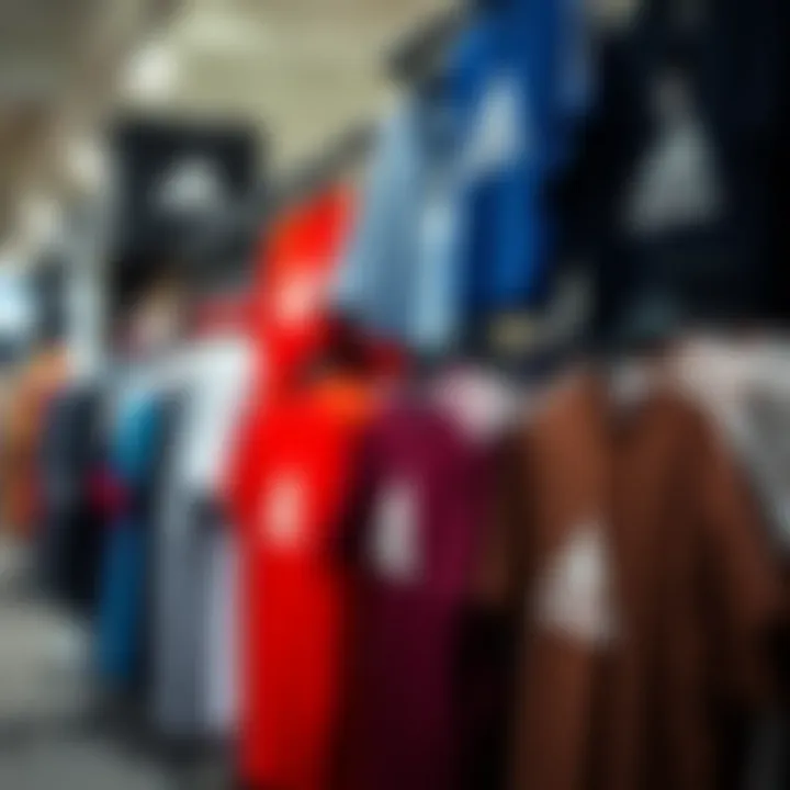 An array of adidas t-shirts displayed during a seasonal sale event.