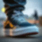 A close-up view of extra wide skate shoes showcasing their unique design features