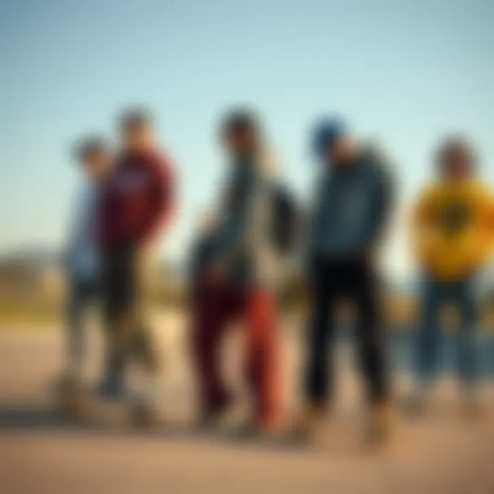 Group of skaters in diverse pant styles, capturing the essence of skate culture