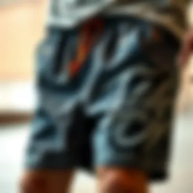 A close-up of shorts designed for skateboarding, emphasizing material and design