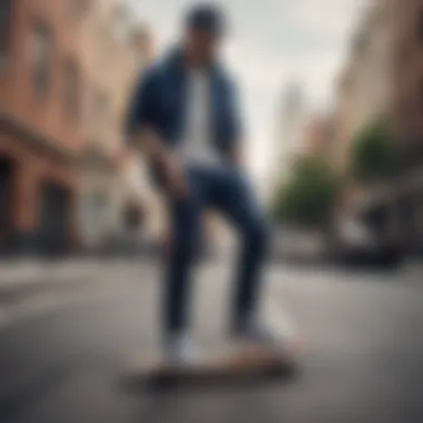 A stylish person wearing Navy Classic Vans paired with casual attire against an urban backdrop