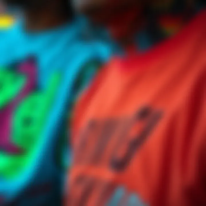 Close-up of neon shirt designs reflecting skate culture