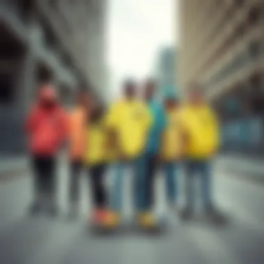 Group of skaters showcasing neon shirts in urban setting
