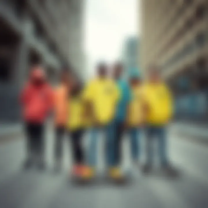 Group of skaters showcasing neon shirts in urban setting