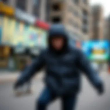Urban setting featuring skateboarders wearing the jacket