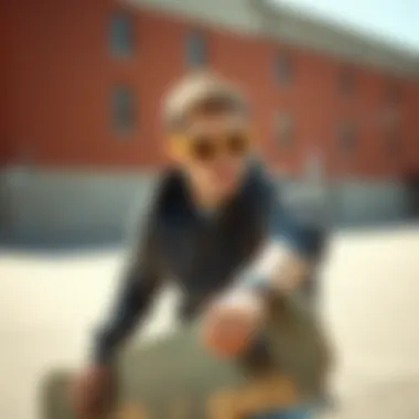 Skateboarder with Oakley Ridgeline Polarized A skateboarder wearing Oakley Ridgeline Polarized sunglasses in an urban setting.